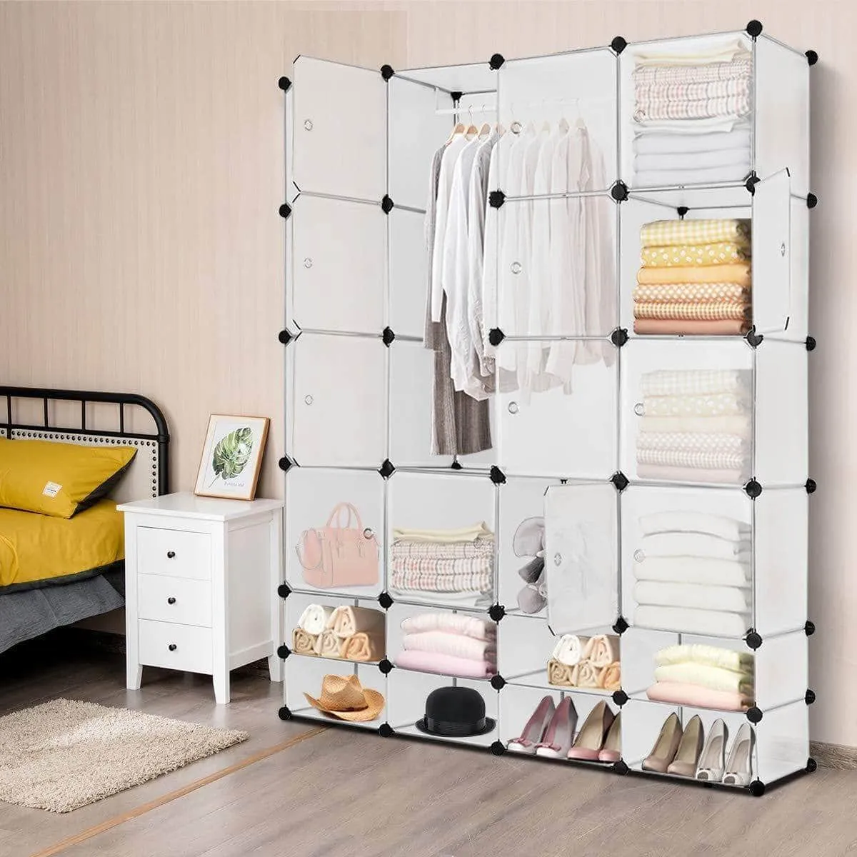 Tangkula Portable Clothes Closet Wardrobe Bedroom Armoire DIY Storage Organizer Closet with Doors, 16 Cubes and 8 Shoe Racks