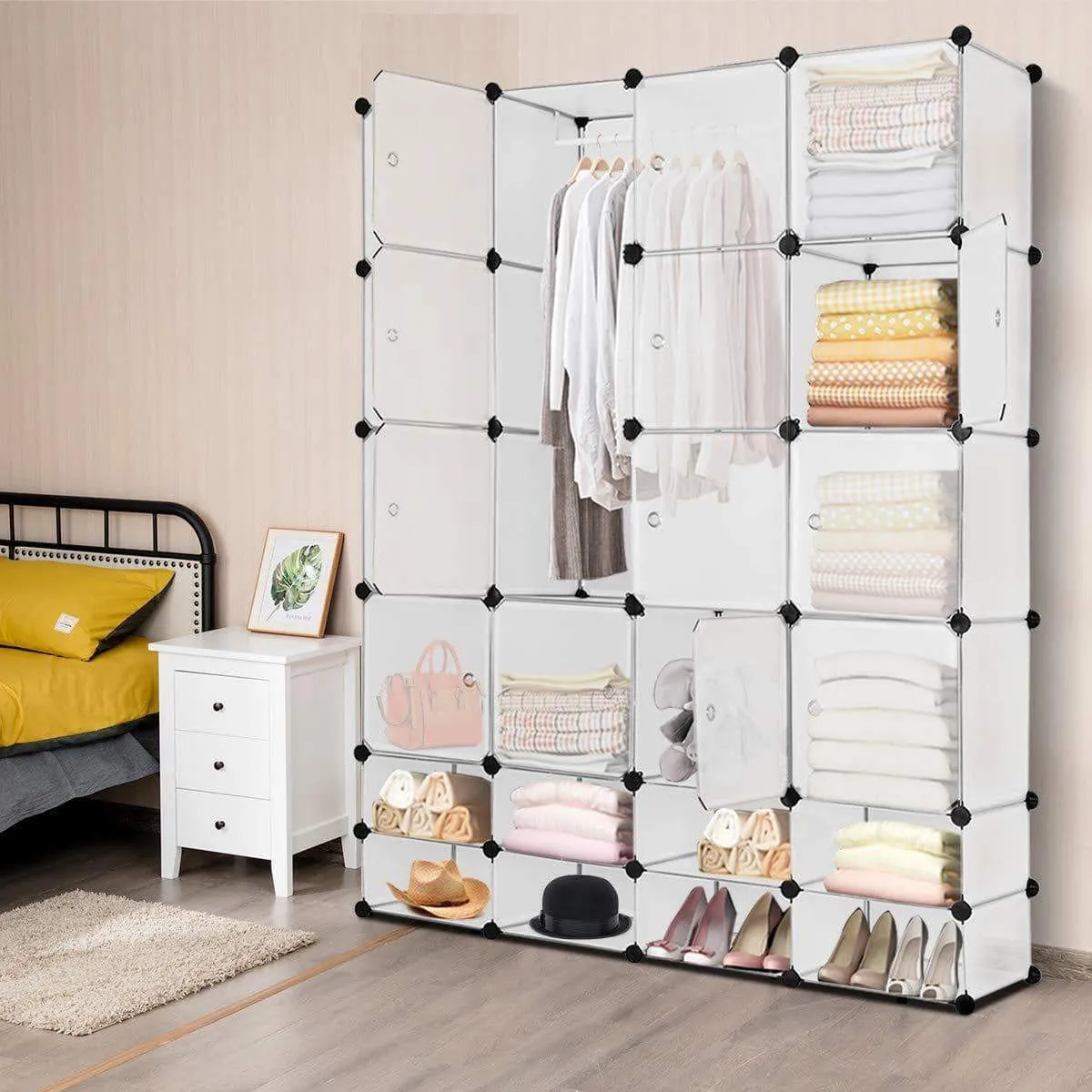Tangkula Portable Clothes Closet Wardrobe Bedroom Armoire DIY Storage Organizer Closet with Doors, 16 Cubes and 8 Shoe Racks