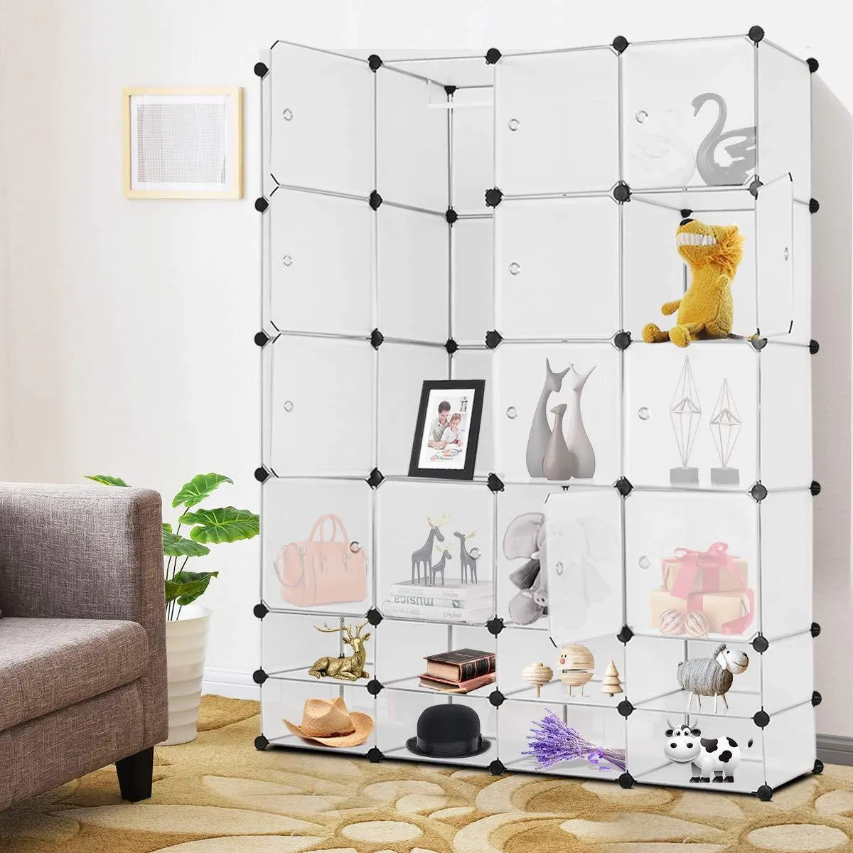 Tangkula Portable Clothes Closet Wardrobe Bedroom Armoire DIY Storage Organizer Closet with Doors, 16 Cubes and 8 Shoe Racks