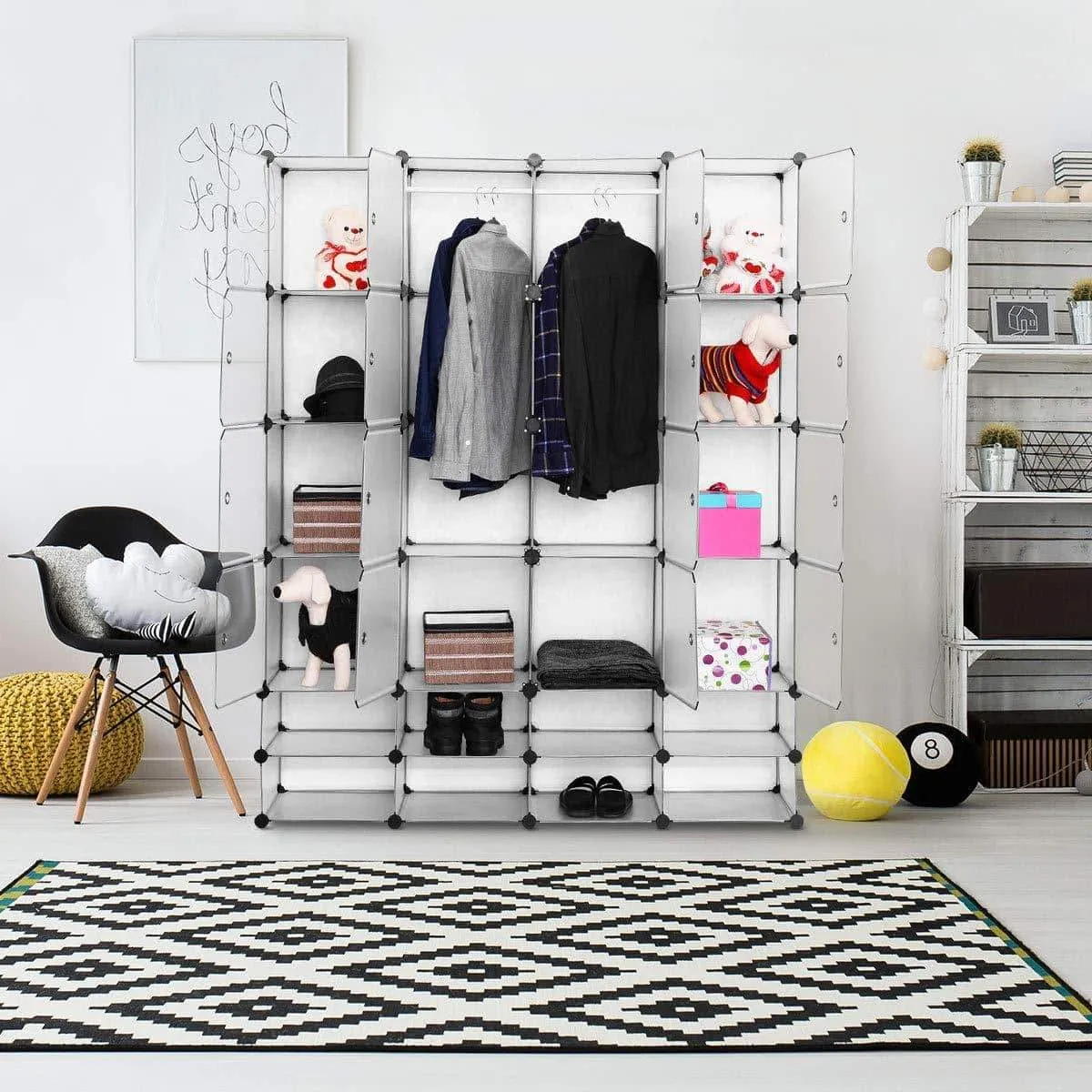 Tangkula Portable Clothes Closet Wardrobe Bedroom Armoire DIY Storage Organizer Closet with Doors, 16 Cubes and 8 Shoe Racks