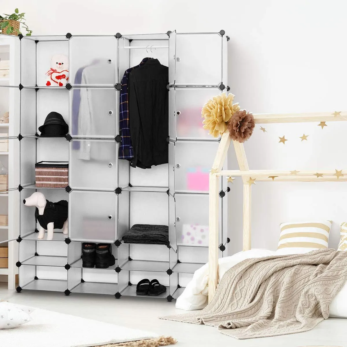 Tangkula Portable Clothes Closet Wardrobe Bedroom Armoire DIY Storage Organizer Closet with Doors, 16 Cubes and 8 Shoe Racks