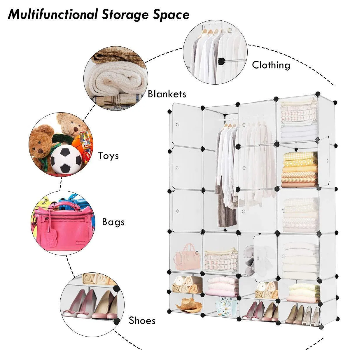 Tangkula Portable Clothes Closet Wardrobe Bedroom Armoire DIY Storage Organizer Closet with Doors, 16 Cubes and 8 Shoe Racks