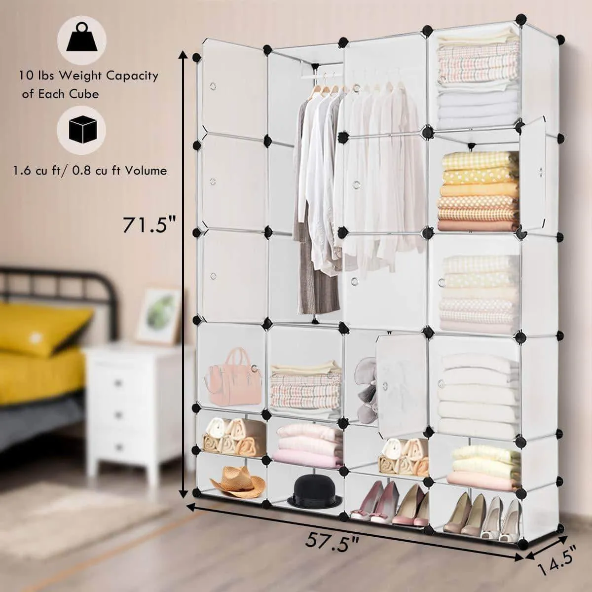 Tangkula Portable Clothes Closet Wardrobe Bedroom Armoire DIY Storage Organizer Closet with Doors, 16 Cubes and 8 Shoe Racks