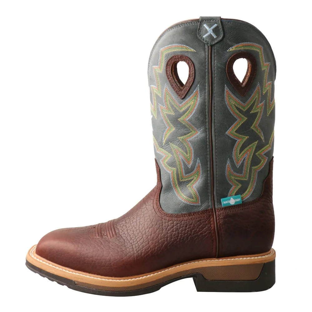 'Twisted X' Men's 12" Lite Cowboy EH WP Square Alloy Toe - Brown / Teal Green