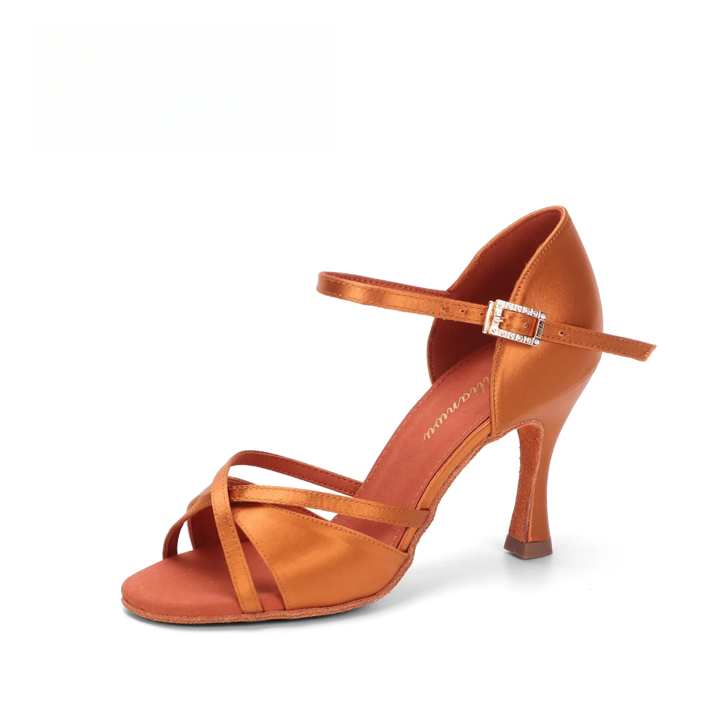 Women's Satin Tan color Flare Heel Ankle Strap Latin Dance Shoes