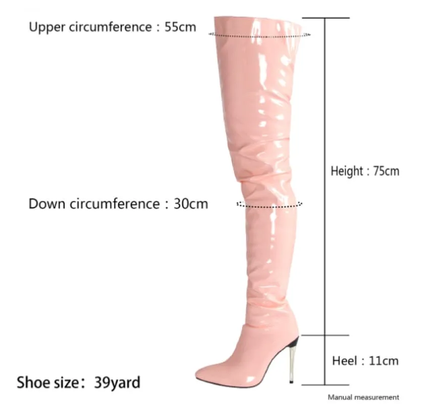 Zipper Patent Stiletto Thigh Length Boots in Black, Blue, and White