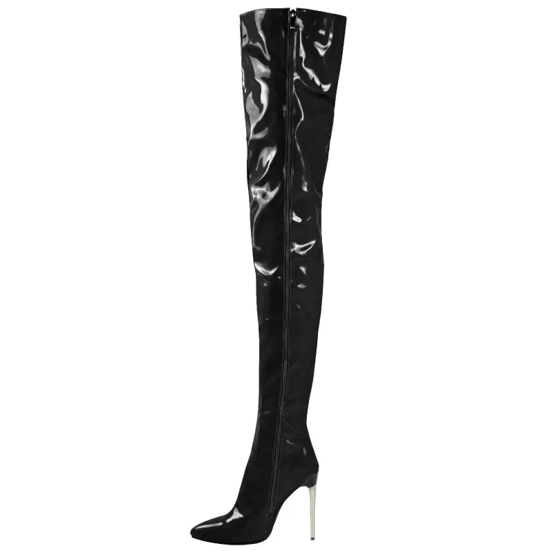Zipper Patent Stiletto Thigh Length Boots in Black, Blue, and White