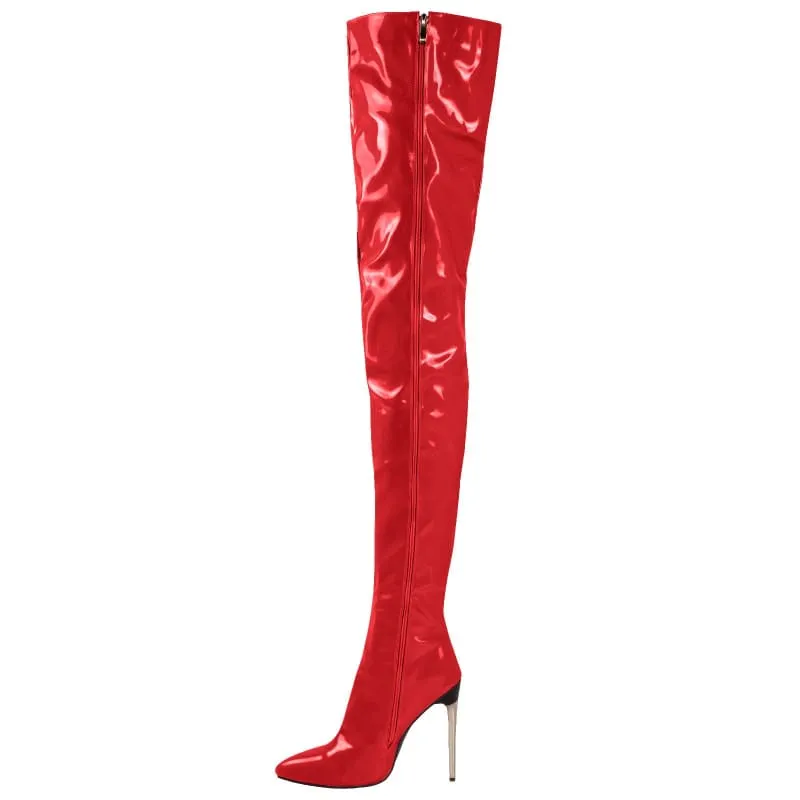 Zipper Patent Stiletto Thigh Length Boots in Black, Blue, and White
