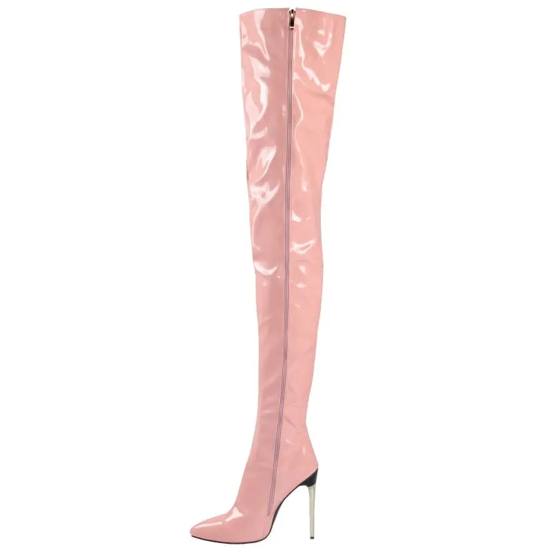 Zipper Patent Stiletto Thigh Length Boots in Black, Blue, and White