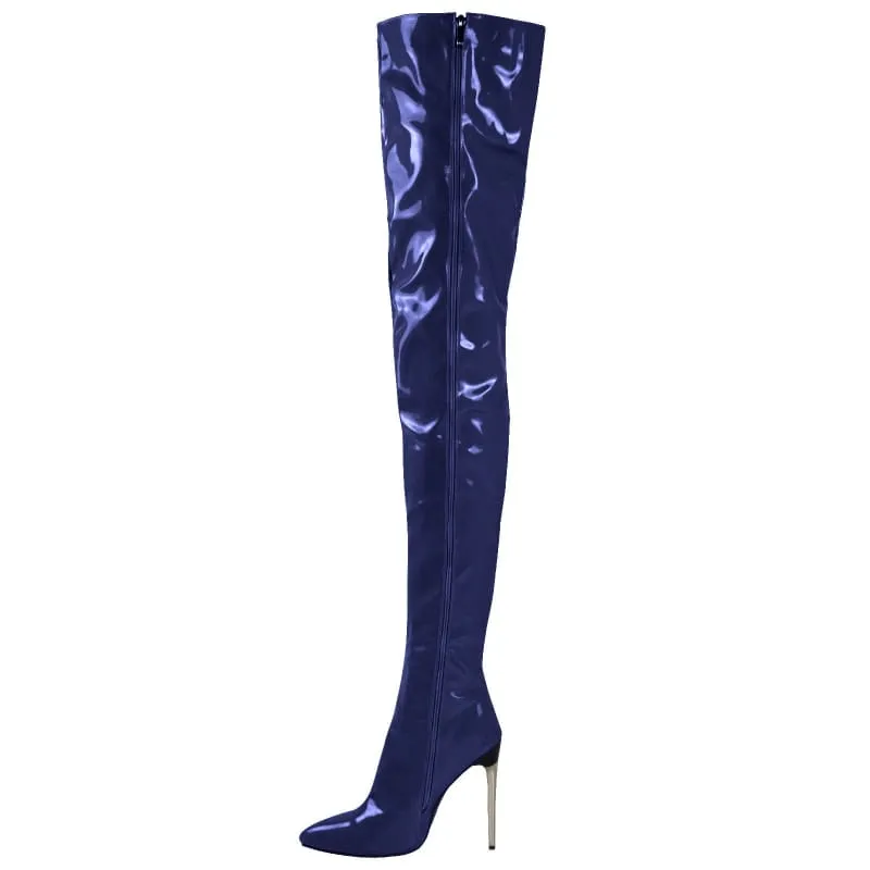 Zipper Patent Stiletto Thigh Length Boots in Black, Blue, and White