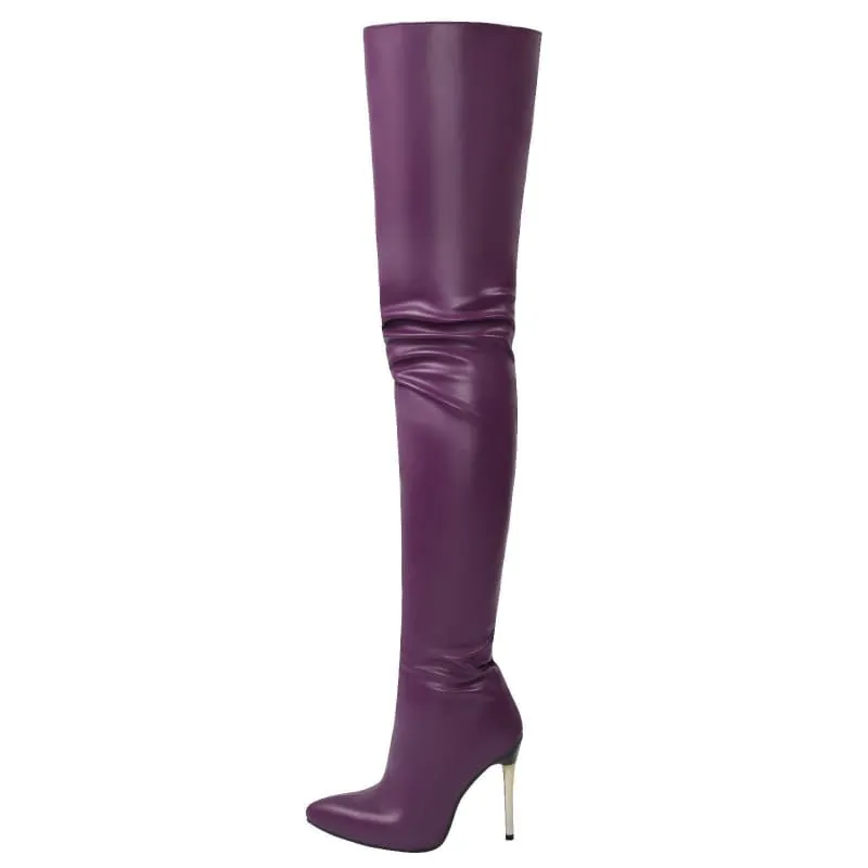 Zipper Patent Stiletto Thigh Length Boots in Black, Blue, and White