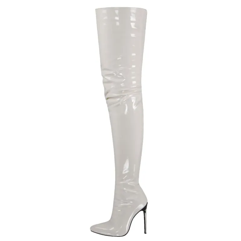 Zipper Patent Stiletto Thigh Length Boots in Black, Blue, and White
